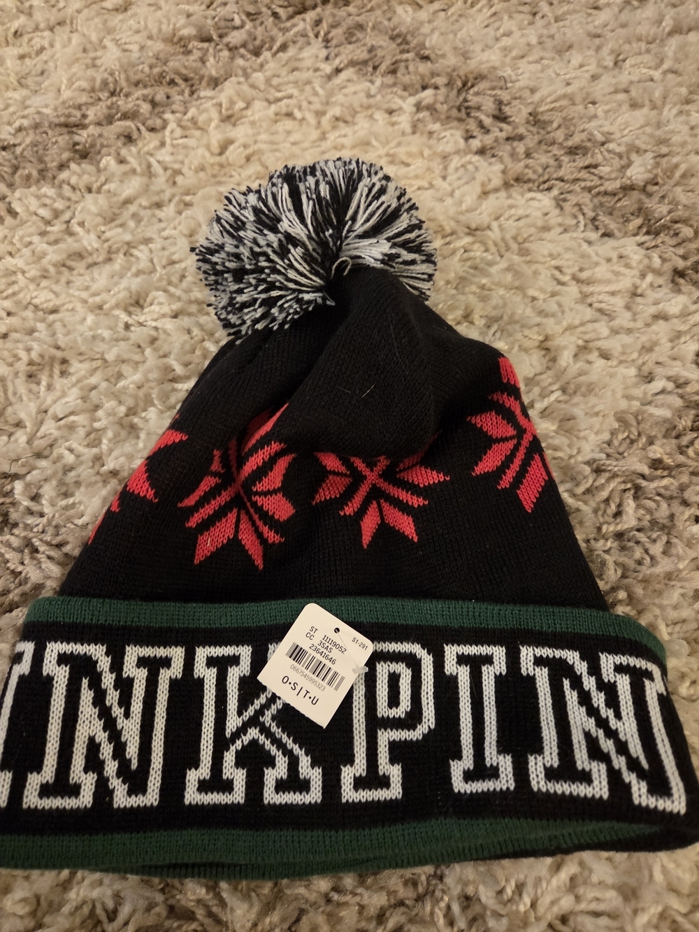 PINK Victoria's Secret Black Beanie Hat with Red Snowflake Pattern